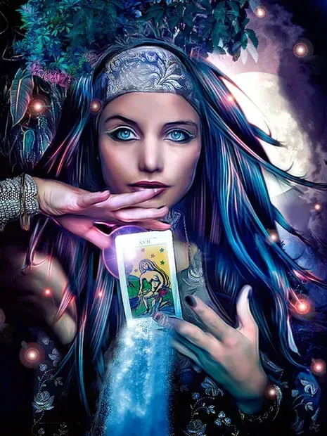 A woman holding a tarot card in her hand.